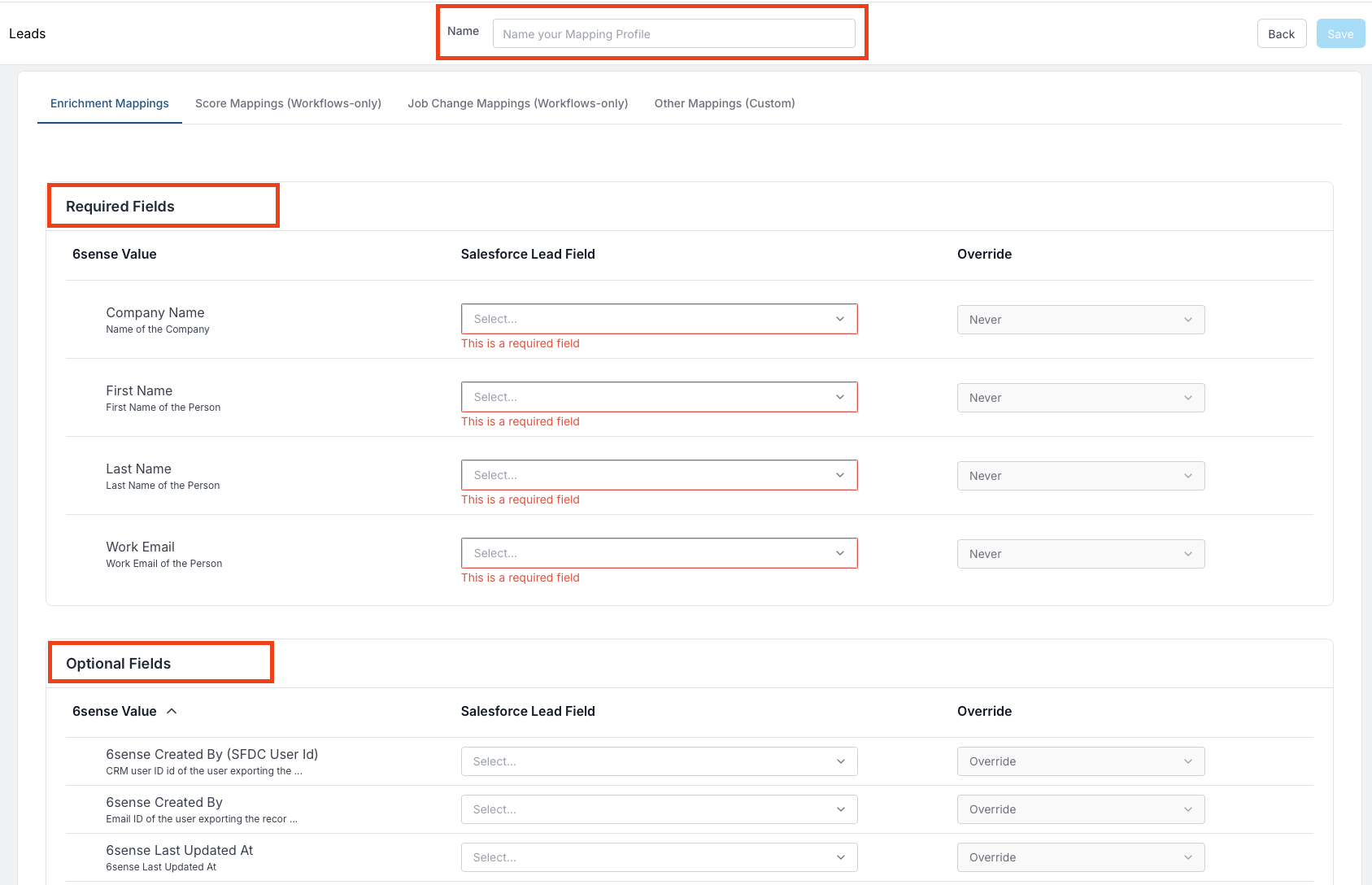 Form fields for mapping Salesforce leads with required and optional fields highlighted.
